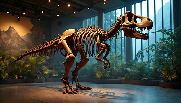 Large Tyrannosaurus Rex skeleton on display inside a museum with lush plants and mountain backdrop. Ancient predator fossil exhibits natural history and paleontology.
