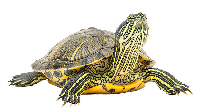 A turtle is shown in a resting position on a surface PNG isolated on transparent background