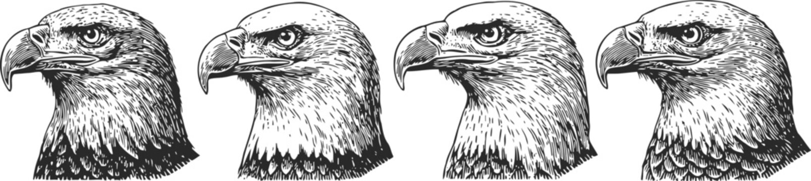 Detailed eagle head illustrations in various angles fierce bird of prey with sharp beak and intense gaze