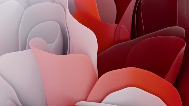 Looped animation. Soft multi-layered shapes sway smoothly, reminiscent of the movement of delicate petals under the influence of invisible flows. The plastic deformation of the elements creates the ef