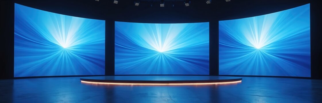 Three curved screens display abstract blue light waves in an empty modern studio. The circular stage has orange accent lights. This minimalist space suits presentations, events, or tech showcases.