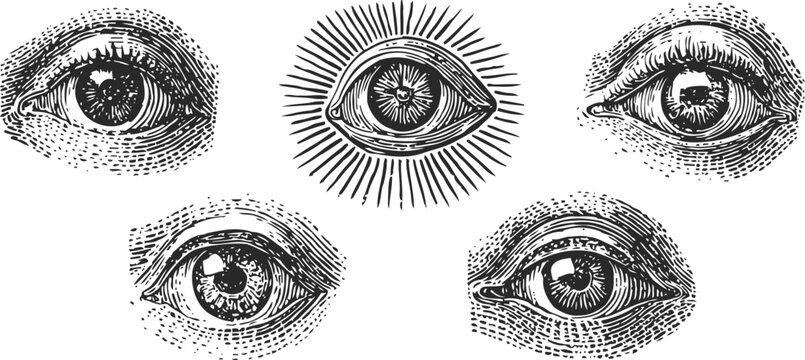 vintage engraved human eye illustrations with detailed iris and eyelash textures in black and white