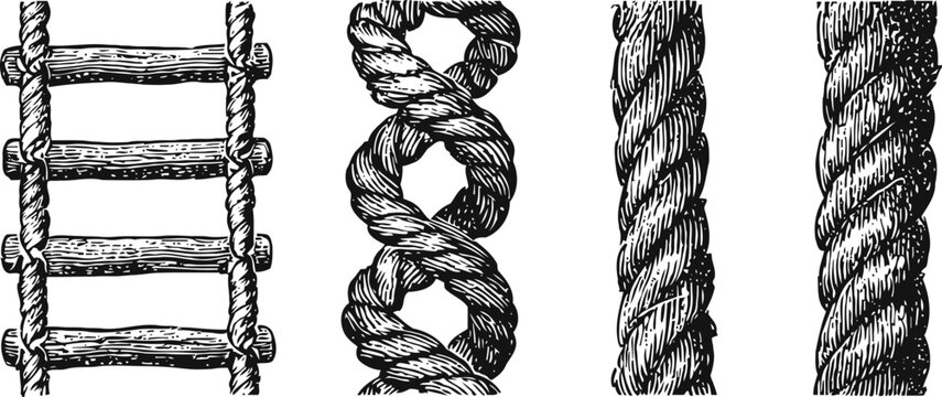 illustrations of various rope styles and ladder made from wooden rungs and fibers