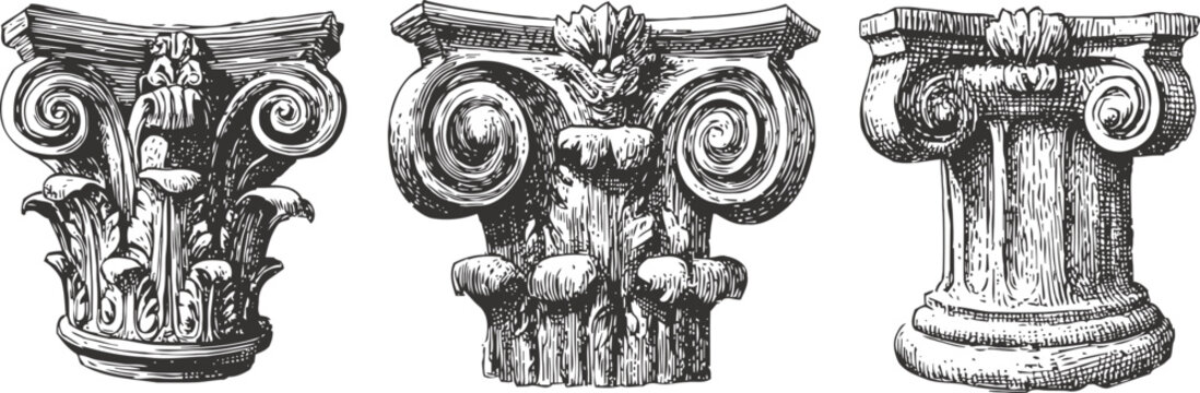 classic architectural capitals corinthian, ionic, and doric column tops detailed sketch set