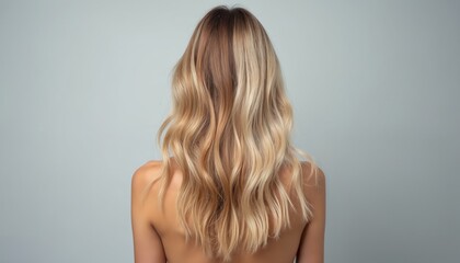 Fototapeta premium Woman back view gorgeous hair transformation. Long blond locks transition from textured roots to smooth flowing ends. Healthy shine contrasts with previous damage. Beauty treatment result perfect