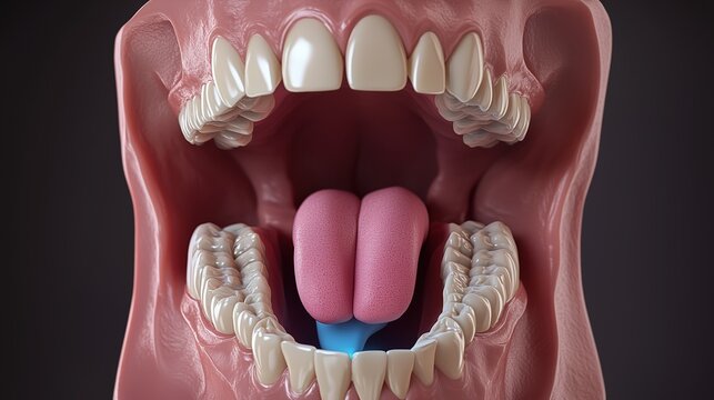 National Stuttering Awareness Week: 3D render of human mouth and throat cross-section in mid-speech, tongue pressed against palate in precise articulation position