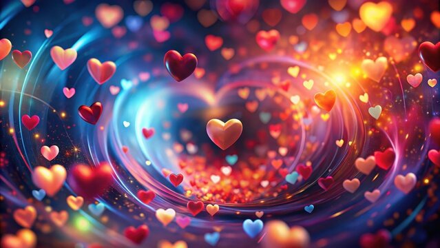 A photo of abstract panorama background with red hearts swirling in a vibrant mix of colors, creating a romantic and enchanting atmosphere