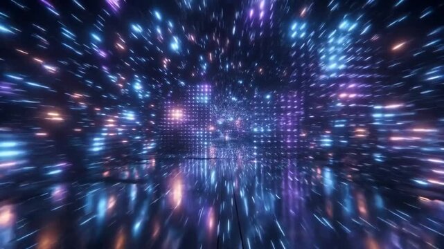 Futuristic background neon light abstract pattern glowing grid blue purple digital tunnel perspective depth motion blur sci fi reflection floor digital wall colorful pattern technology room party