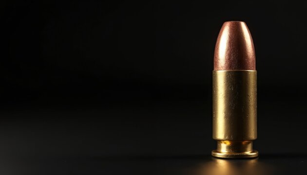 Single 9mm bullet on black surface. Metallic cartridge with brass casing and copper tip. Isolated object, clean background, close-up detail of ammunition for firearms.