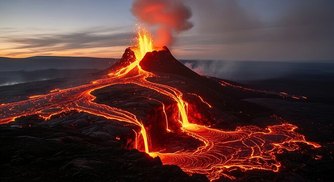 A large volcano erupting with lava flowing down its side