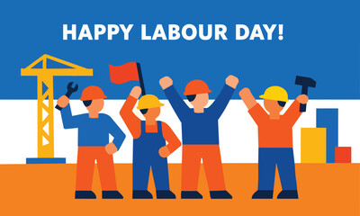 Naklejka premium Happy Labour Day worker team city background flat vector illustration.