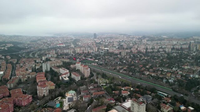 Cityscape around Istanbul Ring Road drone shot