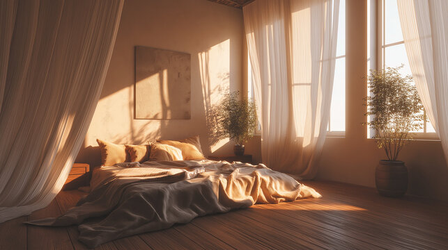 Serene Bedroom Interior with Golden Hour Sunlight and Linen Bedding