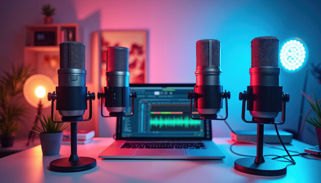 Home podcast studio with microphones and laptop showing audio waveform. Setup for recording voiceovers interviews or music. Professional sound equipment for content creation. Modern broadcast desk.