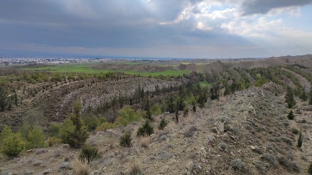 A high-angle view of a reforestation project in the Tashkent area of Northern Cyprus, featuring rows of young tree saplings planted across rocky ridges under a dramatic, overcast sky.