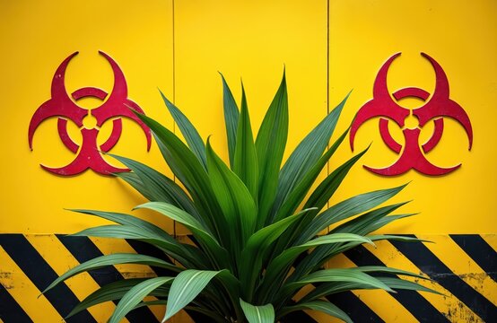 Green plant grows near biohazard warning sign on yellow wall. Black and yellow caution stripes on lower part. Symbol implies danger or risk with organic life.