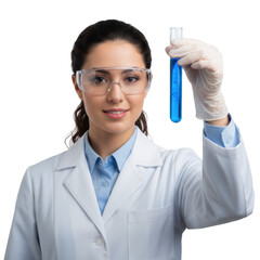 Fototapeta premium Young female scientist in a lab coat and safety goggles holding a glowing blue test tube in a sterile laboratory, bright clinical innovation atmosphere