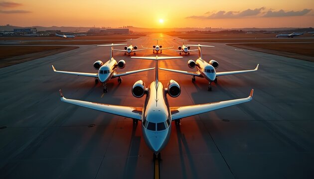 Private jets lined up on airport tarmac at sunset. Luxury aircraft await passengers for private flights. Warm golden light illuminates the sleek fleet ready for departure.