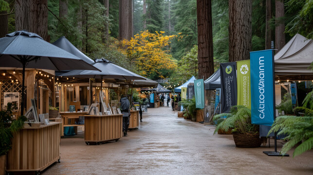 Rain-soaked outdoor festival setup where sustainability brand messaging banners made of recycled canvas hang between trees, crew adjusting displays before opening, environmental nonprofit event, spr