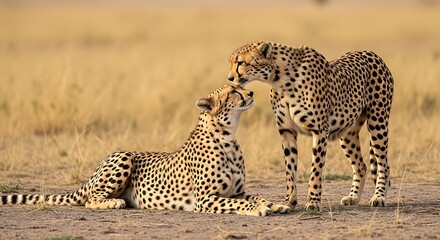Obraz premium Two cheetahs in an African savanna, one grooming the other, golden grass backdrop
