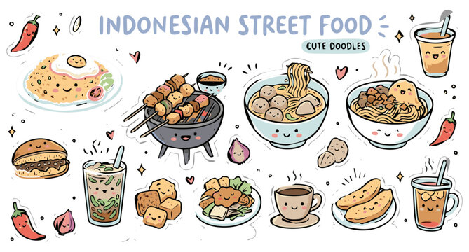 Indonesian Street Food Sticker Set, Cute Hand Drawn Kawaii Doodles
