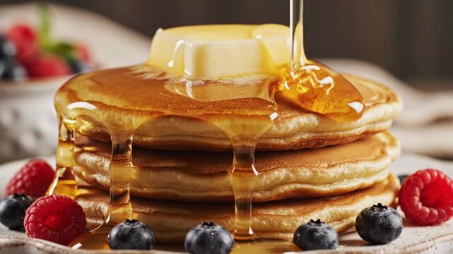 Honey Drizzling over Stack of Fluffy Pancakes with Berries