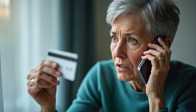 Elderly woman talks on phone holding credit card. Woman looks worried, concerned about scam or fraud. Senior person worried about money, finances and security.