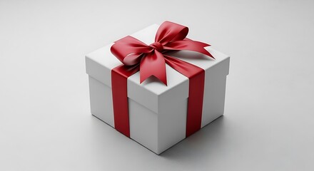 Fototapeta premium White gift box with red ribbon and bow on top for presents