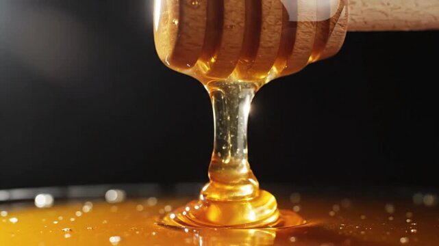 Golden Honey Dripping from Wooden Dipper