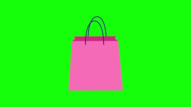 Single shopping bag animation concept with pink tote vector icon symbol popup. Animated handbag design, editable item motion graphic video template with green screen background.