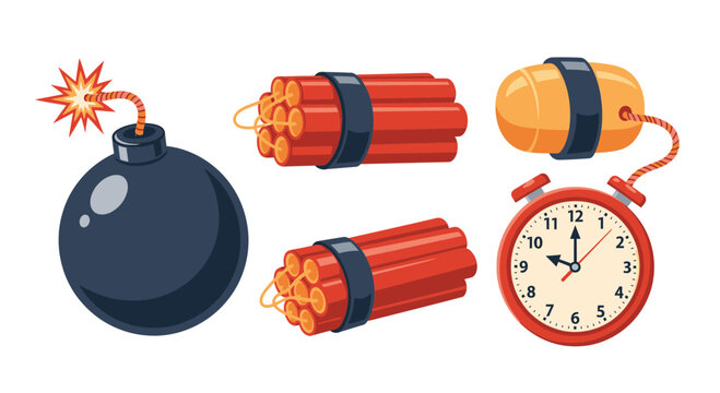 Explosive Bomb and Dynamite Sticks Vector Illustration Set featuring Cartoon Style Detonation Devices and Timer Clock for Gaming and Action Design Projects