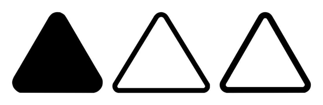 Warning triangle icon set with solid black graphics on white background featuring triangle, danger alert, warning sign with black outline and white fill and safety icon