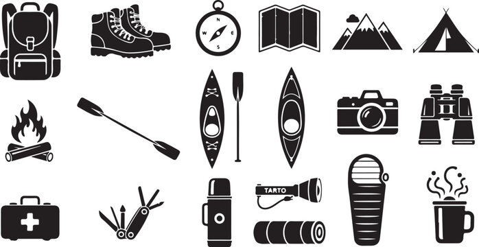 Camping and hiking icons and travel symbols set