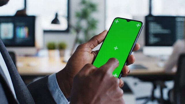 Green screen smartphone, mobile phone template, office worker, business communication tool