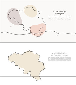 Continuous line drawing of Belgium map. Map design for Education, Travel between cities in Belgium, infographics, Science, Web Presentations. Belgium map concept with soft pastel colors doodle style.