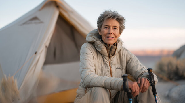 Senior woman with trekking poles adjusts lightweight low-profile camp stool beside accessible tent footprint, modified setup for arthritic hips, veteran camper adapting routine, sixty-plus active ou