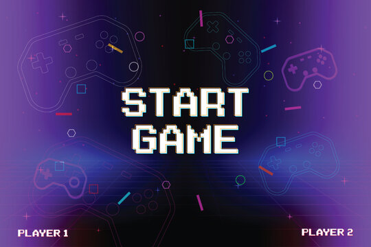START GAME. pixel art 8 bit game. Retro Futurism Sci-Fi Background. glowing neon grid and star from vintage arcade computer games