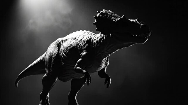 Dramatic black and white silhouette of a dinosaur against a backdrop of light and shadow, prehistoric giant