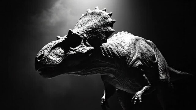 Monochromatic Render of a Fierce Dinosaur with Spiked Head Crest and Armored Body Facing Left