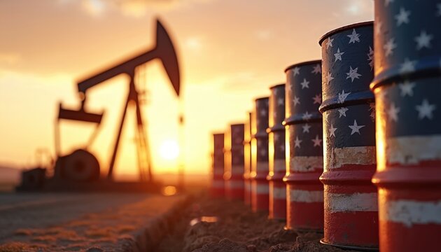 Oil barrels painted with American flag pattern stand in line before pump jack. Sunset light illuminates extraction equipment on dusty ground. Industry finance fuel production.