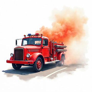 Vintage red fire truck drives on road emitting orange smoke. Emergency vehicle with lights and siren response. Firefighting equipment on the side of truck.