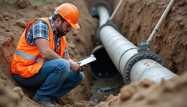 Man in hard hat and vest inspects large pipe in trench with tablet. Worker checks underground utility infrastructure, plumbing repair, construction site job.