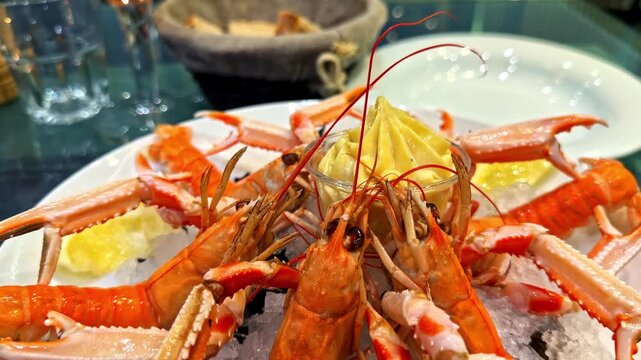 Close up shot of delicious seafood platter featuring cooked scampi or Norway lobsters on crushed ice with citrus slices and creamy dip in French harbor bistro