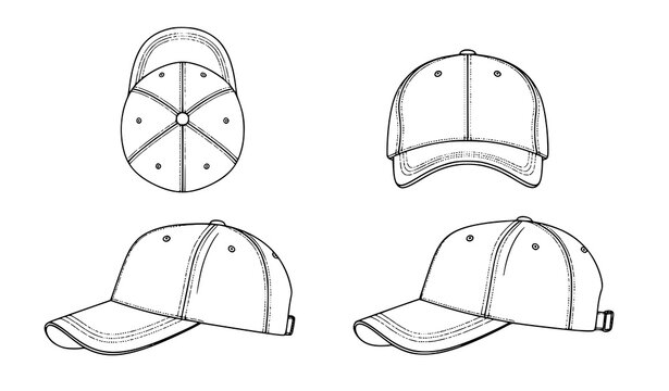 Baseball cap outline vector set top front side perspective views minimal apparel template isolated on white background