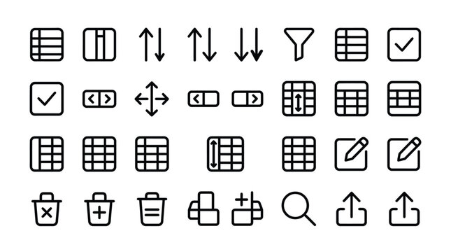 Collection of interface icons for tables, grids, editing, and file management.