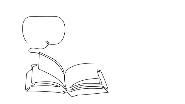 Animated self drawing of continuous line draw of  International Translation Day Open Book, Speech Bubbles, Globe.    Full length one line animation. 4K	
