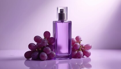 Fototapeta premium Purple perfume bottle with ripe grapes on a violet surface. Luxury fragrance, cosmetic product, aroma, scent, beauty, elegant, stylish, studio shot, closeup, clean, minimalist design.