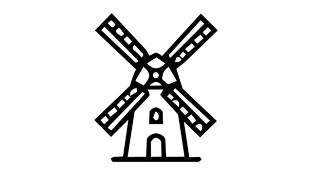 A traditional windmill concept icon showing a classic mill building with four rotating blades, representing agriculture, heritage, renewable energy, or Dutch culture in clean black outline vector styl