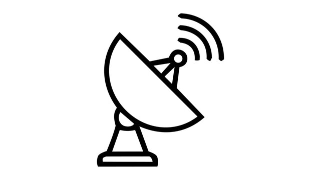 A satellite dish and wireless signal concept icon showing a parabolic antenna emitting radio waves, representing telecommunication, broadcasting, or space communication in clean black outline vector s