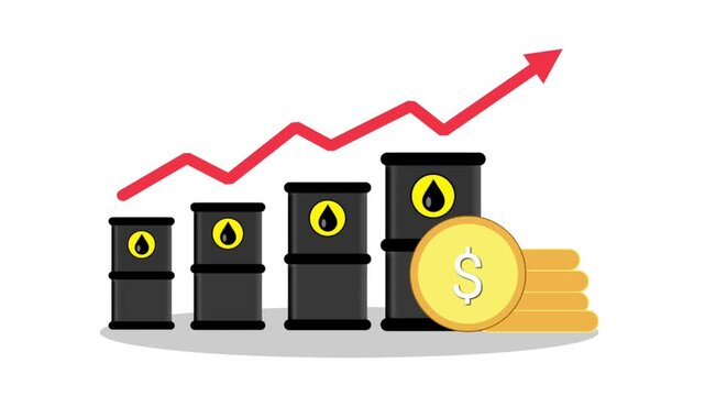 A red growth arrow rises over black oil barrels and a stack of gold dollar coins on a white background.